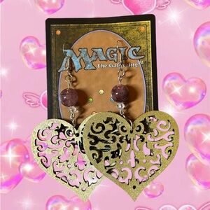 Gold Heart Earrings with Purple Beads